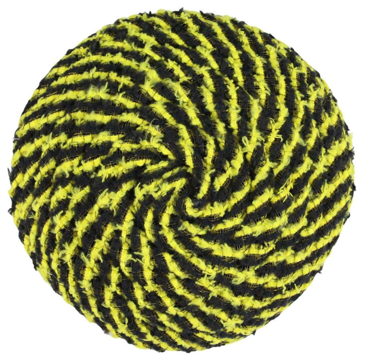 A 6.75 diameter Drift Flex Tubing Flower Center in yellow and black features a spiral pattern of textured polyester, resembling a scrub pad or pet toy—its rounded form viewed from above recalls a blooming flower.