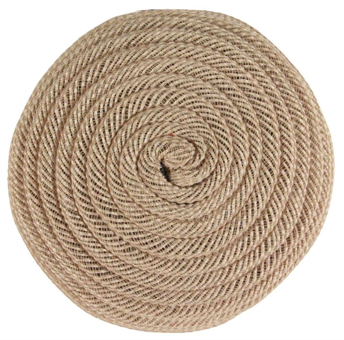 The 6.75Dia Jute Flex Tubing Flower Center (Natural, FJ518218) features a tightly coiled spiral pattern against a white background, with light brown, rough-textured rope loops resembling a flower centers intricate design.