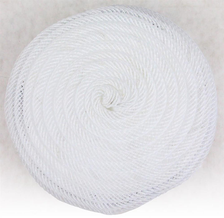 The 6.75Dia Jute Flex Tubing Flower Center in white (FJ518227) is neatly coiled in a circular pattern, with tightly wound strands creating an intricate, textured spiral resembling the design of a flower center against a plain background.
