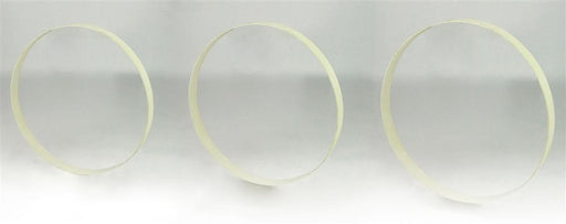 Three thin, pale yellow S/3 9.75-12"Dia Metal Wreath Rings in Antique White (MD0684K6) stand upright on a white surface with a light gray background, evenly spaced and symmetrical.