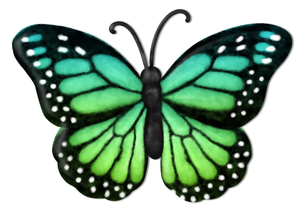 The 12”Lx8.3”H Metal/Embossed Monarch MD079845 features vibrant blue and green wings with black borders and white spots, resembling an exquisite piece of art with its symmetrical, open wing design against a white background.