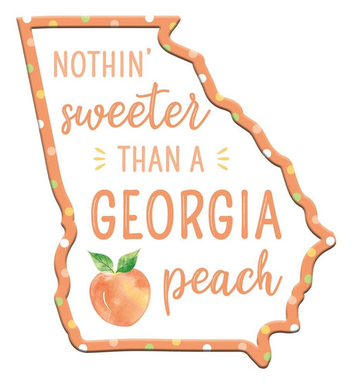 The 11Hx10L Sweeter Than A Peach Ga Shape (White/Peach/Yellow, MD0867) features colorful polka dots, a peach sign, Sweeter Than A Peach text, and a peach with green leaves at the bottom.