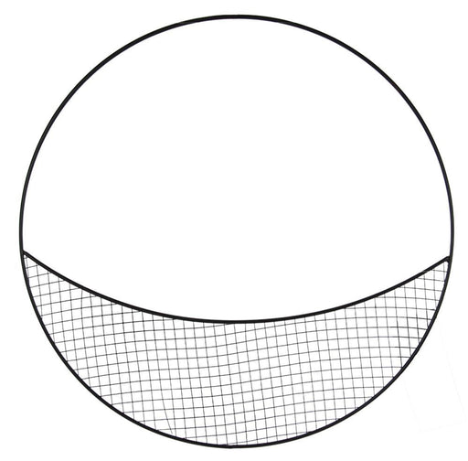 Product MD097302 is a 16 diameter circular metal frame in a minimalist, industrial design. The lower half has a semicircular Half Moon Mesh while the upper section is open, perfect for creative wreath forms.