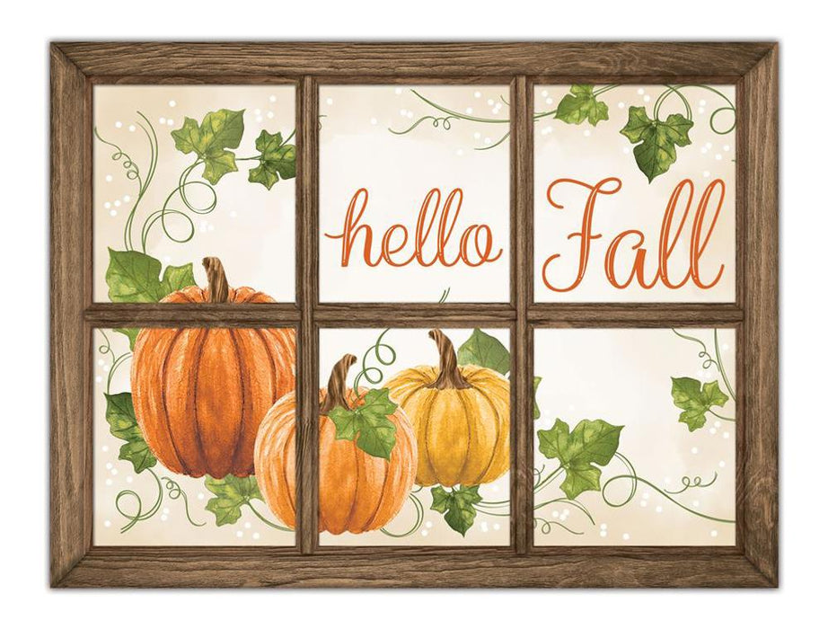 The 12.75L x 9.5H Hello Fall Window Sign (MD1246) features two pumpkins and green vines, an orange cursive hello Fall, and cream and brown accents, adding autumn charm perfect for a warm seasonal welcome.