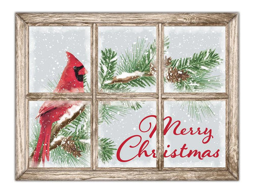 The 12.75L x 9.5H Christmas Window Sign (White/Red/Green/Brown, MD1250) features a red cardinal on a snowy pine branch behind a rustic wooden window with Merry Christmas in red script, capturing festive charm.