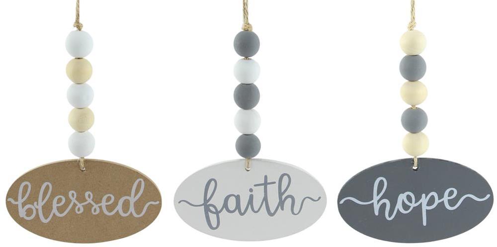 The 6.5 Oval Wood Bead Ornament Set of Three (MS166199) offers charming decor with subtle gray, white, and natural beads and elegant cursive messages: blessed, faith, and hope.