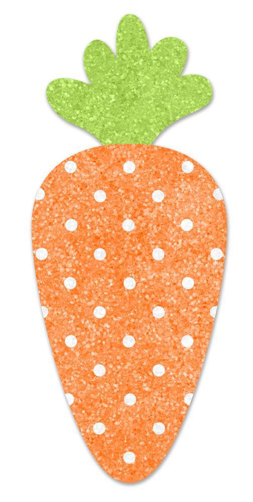 The 20 Oah Glittered Eva Polka Dot Carrot (MS1697) features a textured orange body with white dots and a green leafy top, set against white.