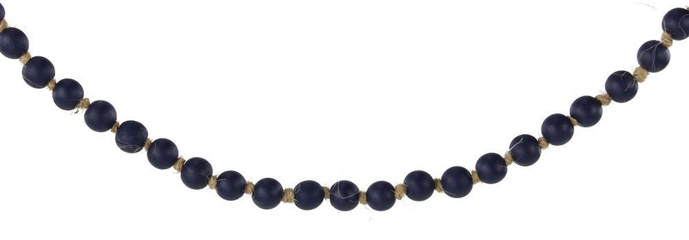 The 39"L Small Round Wood Bead Garland in Navy Blue (MZ198019) features evenly spaced, round wood beads strung on a thin cord, creating an elegant decorative accent against a white background.