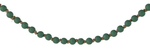 The 39L Small Round Wood Bead Garland in sage green (MZ198035) features evenly spaced, knotted wooden beads in a gentle curve against a white background.