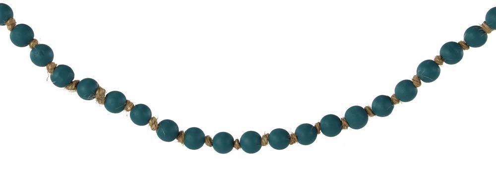 The 39L Small Round Wood Bead Garland in Smokey Teal (MZ198038) features small round wood beads on knotted twine, gently curved against a white background.