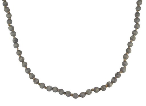 The 39"L Medium Round Wood Bead Garland in Grey Wash (MZ198532) features evenly spaced, medium dark grey beads forming a gentle curve against a white background.
