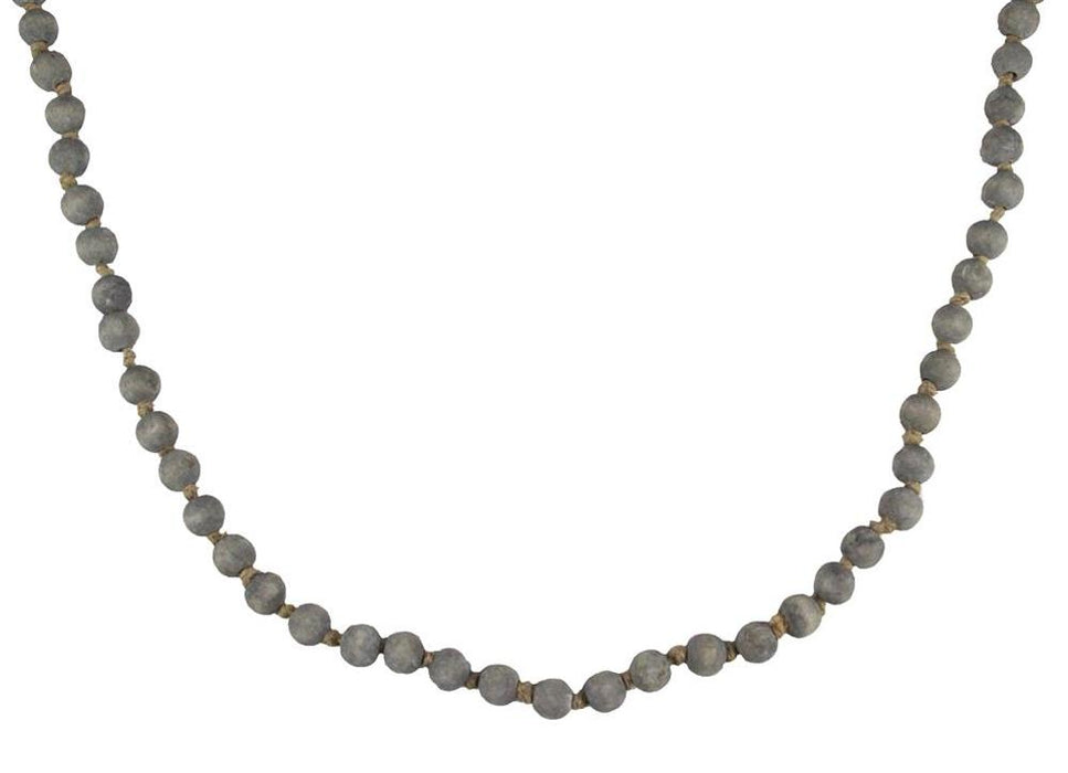The 39"L Medium Round Wood Bead Garland in Grey Wash (MZ198532) features evenly spaced, medium dark grey beads forming a gentle curve against a white background.