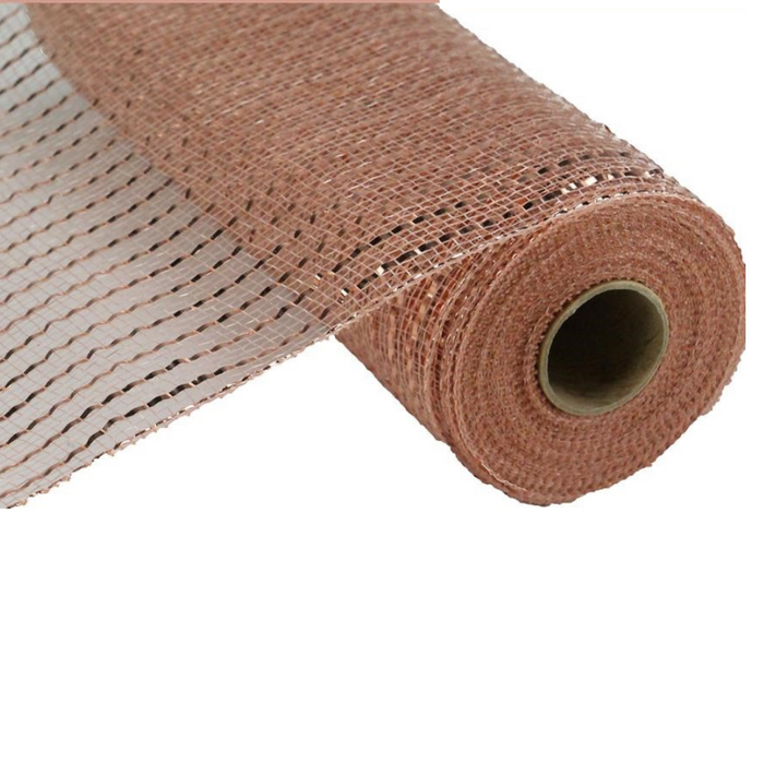 A partially unrolled 21" New Rose Gold Wide Foil Mesh RE1066NF displays its grid pattern and reveals the cylindrical cardboard core at its center.