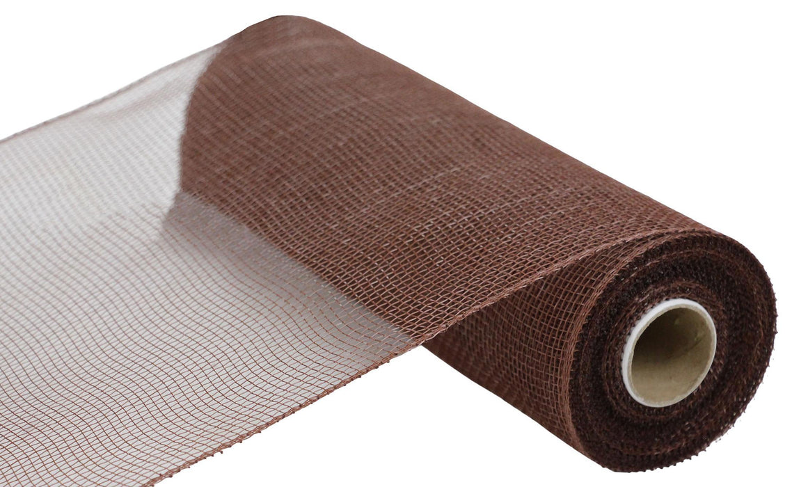The 10"X10Yd Mesh Milk Chocolate RE1302MC, made from polypropylene, is partially unrolled, showcasing its intricate weave pattern and cylindrical form.
