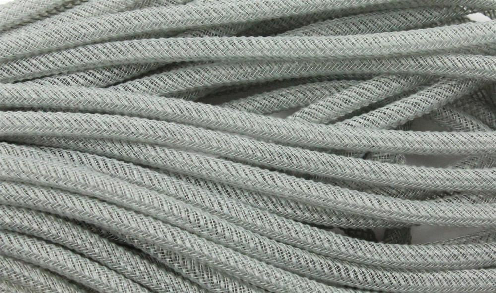 Close-up view of several 8mm x 30yd Faux Jute Flex Tubing cords in grey (RE366510), made from polyester polypropylene, lying parallel and overlapping to highlight their detailed braided texture.