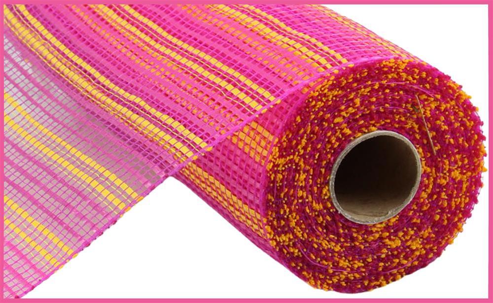 The 10x10yd Hot Pink Yellow Horizontal Wide Stripe Mesh RE8902WM is a decorative, slightly transparent polypropylene fabric roll featuring bright pink, yellow, and gold horizontal wide stripes with a grid-like pattern.