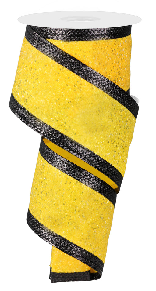 A 2.5X10Yd spool of wired ribbon, product RGA8817CJ, features a bright yellow center with black glittery edges and is elegantly coiled in a spiral shape.