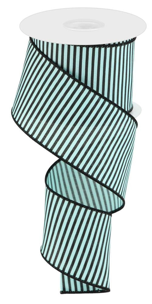 A 2.5x10yd spool of Horizontal Thin Stripes ribbon (RGC1194FY) in soft turquoise and black, with wired edges, unspooled in a spiral and displayed upright against a white background.