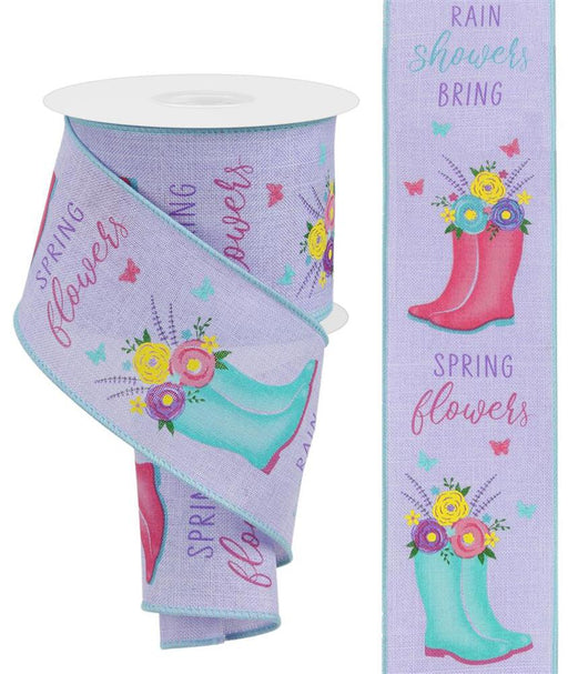 The 2.5X10Yd Rainboots W/Floral ribbon features a purple design with red rainboot illustrations filled with colorful florals, repeating the phrases Spring flowers and Rain showers bring, and is framed by fluttering butterflies.