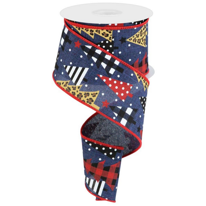 The 2.5 Patterned Trees on Navy Ribbon (RGC175519) features Christmas tree designs in polka dots, plaid, and leopard print on a blue base with red edges. Made from polyester wired material for structure, it measures 10 yards long.