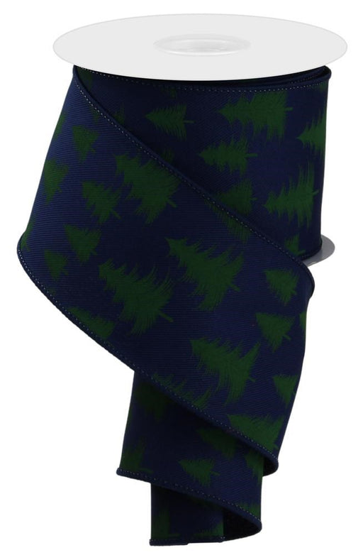 A partially unwound spool of 2.5 X 10Yd Wispy Trees Navy/Dk Green ribbon, RGE135819, draped in a spiral.