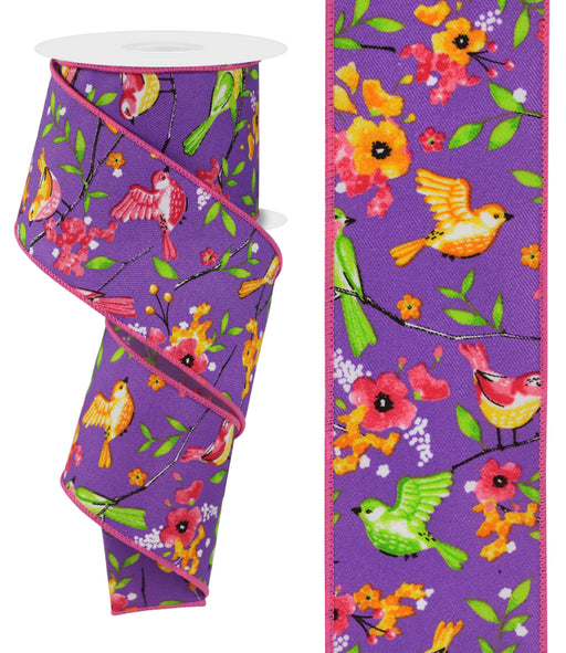The 2.5X10Yd Ribbon (RGE176023) displays colorful birds perched on floral branches set against a purple background, with pink, yellow, and green birds among orange and pink flowers, creating a lively nature-inspired design.