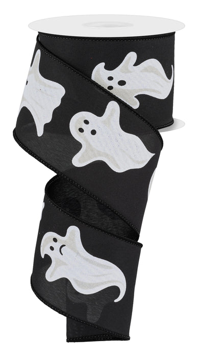 A spool of 2.5X10Yd Black/White Ghosts RGE193802 ribbon, decorated with white cartoon ghosts, unspooled and curling downward in a spiral.