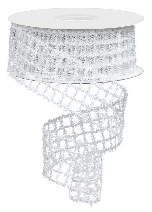 A 1.5x10yd spool of Tinsel Mesh White RM997827 ribbon featuring a grid pattern and textured, slightly fuzzy edges, partially unrolled against a white background.