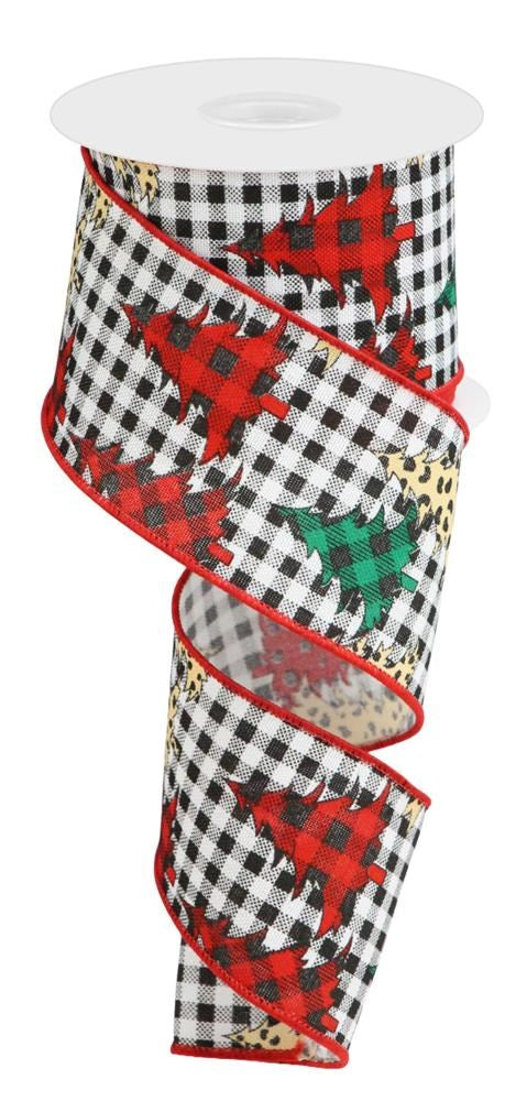 The 2.5X10Yd Print Christmas Trees On Check Black/White/Red/Tan (RW8183Y1) features a black and white check pattern with red and green plaid Christmas trees, red-trimmed edges, and playful leopard print accents, perfect for festive holiday decor.