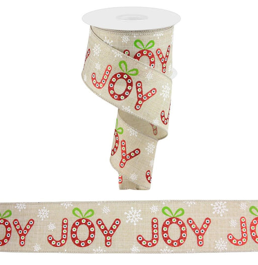 A 2.5 x 10yd spool of natural wired ribbon features glittery red JOY, white snowflakes, and green accents for a festive touch.