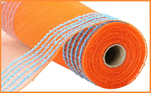 The 10.25X10Yd Drift/Pp Wide Border Mesh Orange/Turquoise RY8115AJ, featuring a roll of vibrant orange mesh with turquoise accents, is partially unrolled to show the cylindrical core against a plain white background.