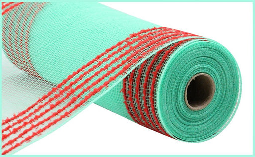 A partially unfurled roll of the 10.25"X10Yd Drift/PP Wide Border Mesh in Mint Green/Red (Product Code: RY8115W9) showcases its open weave structure, with horizontal red lines against a mint green backdrop beautifully accentuated by the matching aqua background.