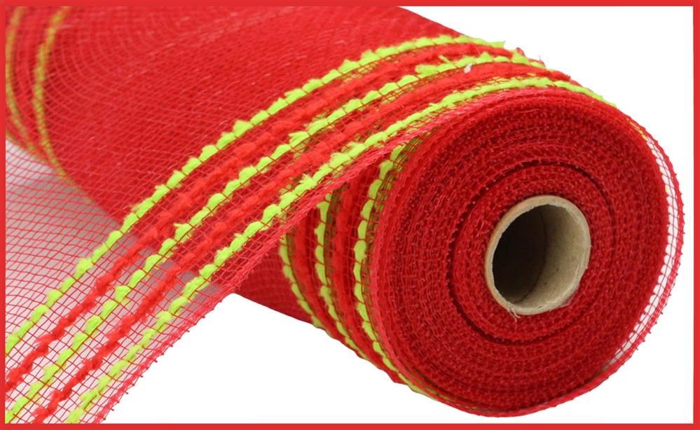 A partially unrolled roll of 10.25X10Yd Drift/Pp Wide Border Mesh in red and lime green (RY811634) reveals a neat, stitched design with a visible cylindrical cardboard core.