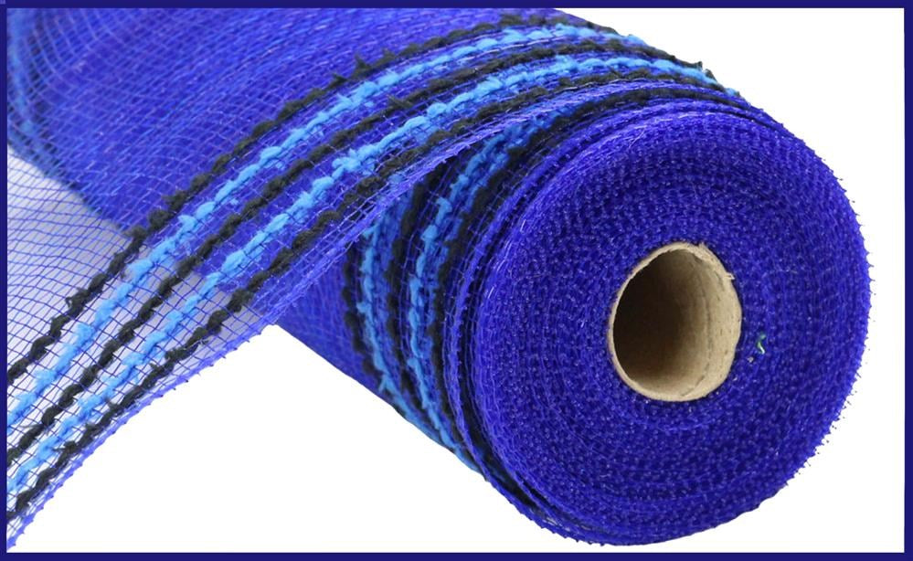 A roll of 10.25X10Yd Drift/Pp Wide Border Mesh in Royal Blue/Black RY8116K5, featuring dark and light blue stripes, is partially unrolled. Its fine grid texture is securely wound around a robust cardboard core.