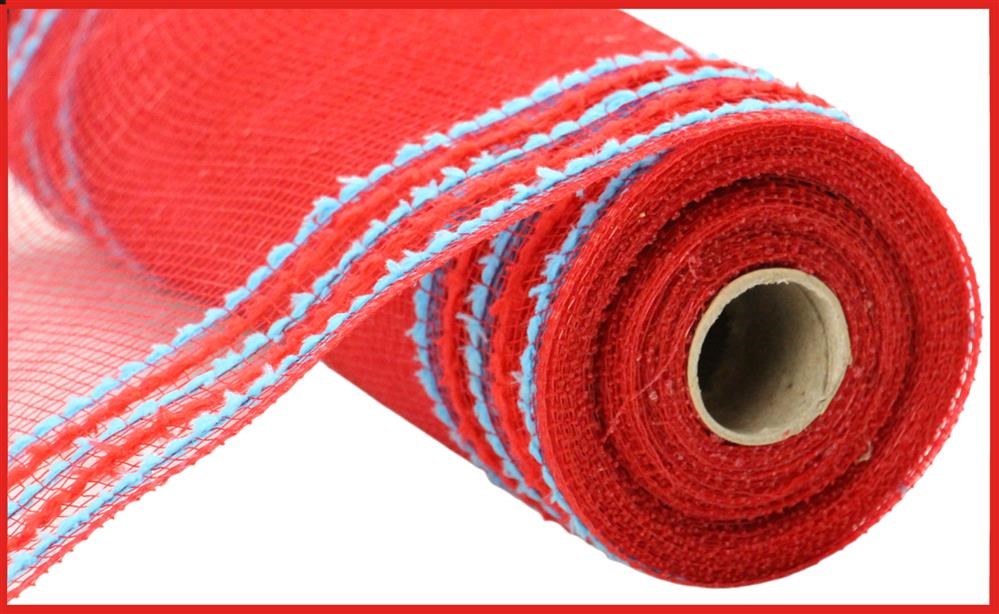 A close-up of the 10.25X10Yd Drift/PP Wide Border Mesh in Red/Turquoise (RY8116N9) shows its partially unrolled texture, core, and wide border mesh design.