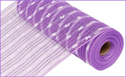 A 10.5 Metallic Cotton Ball Mesh Lavender White RY820068 ribbon roll displays its textured pattern with white dots on lavender against a pristine white background.