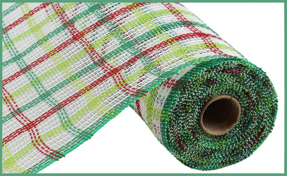 A partially unrolled 10.25x10yd Faux Jute Check Mesh (White/Red/Emerald/Lime, RY8339AC) displays its vibrant plaid woven texture.