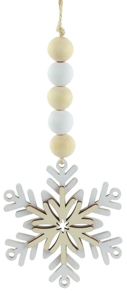 The 8"L Wood Bead/Snowflake Ornament Natural/White XA118218 gracefully suspends from a string, showcasing five alternating natural and white wood beads.