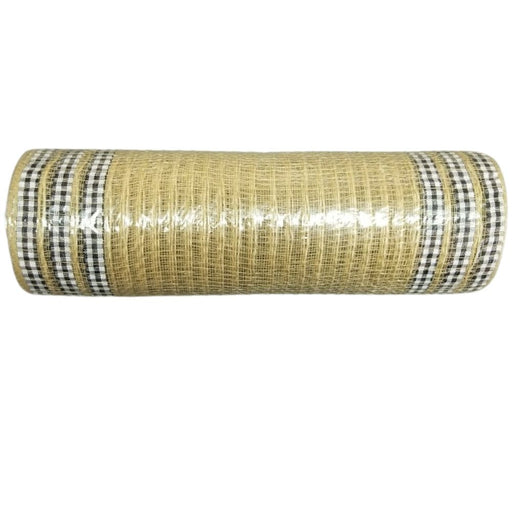 The Nat Jute/Blk-Wh Buff Pld Print Edg Mesh, 10X10Y Mesh (XB106810-14) is a cylindrical roll of beige burlap enhanced with polypropylene fibers, wrapped in glossy plastic, featuring black and white check patterns at both ends on a plain white background.