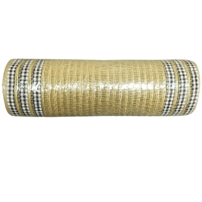 The Nat Jute/Blk-Wh Buff Pld Print Edg Mesh, 10X10Y Mesh (XB106810-14) is a cylindrical roll of beige burlap enhanced with polypropylene fibers, wrapped in glossy plastic, featuring black and white check patterns at both ends on a plain white background.