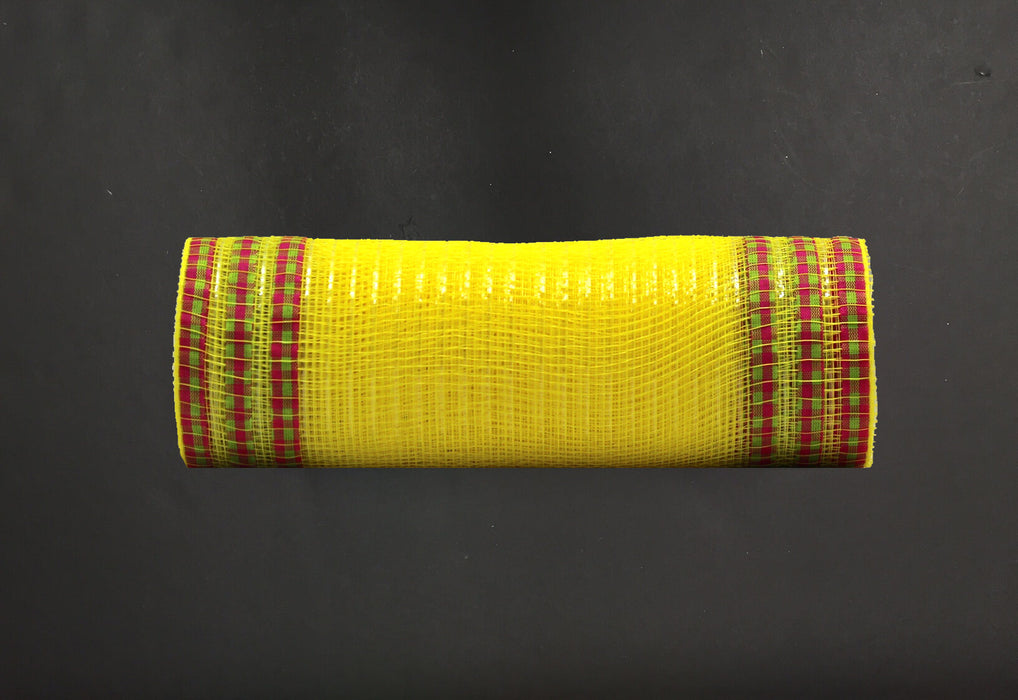 The 10X10Y Yellow Metallic/Spring Plaid Ruffle Edge Mesh (XB107910-49) is a cylindrical object with bright yellow fabric and red and green striped edges, set against a dark background.