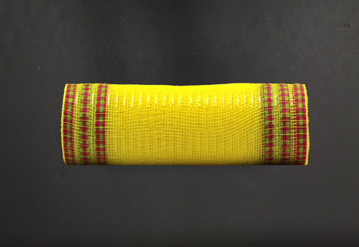 The 10X10Y Yellow Metallic/Spring Plaid Ruffle Edge Mesh (XB107910-49) is a cylindrical object with bright yellow fabric and red and green striped edges, set against a dark background.