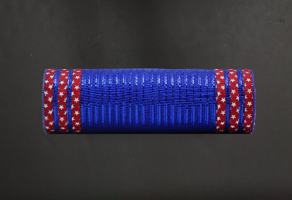 The 10X10Y Royal Blue Metallic mesh (XB108010-25) is rolled and features red and white star patterns on the edges, set against a dark background.