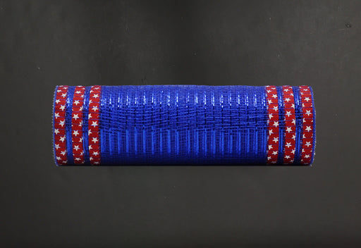 The 10X10Y Royal Blue Metallic mesh (XB108010-25) is rolled and features red and white star patterns on the edges, set against a dark background.