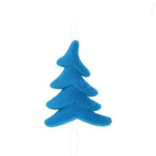The 7"Hx5.5"L Flocked Whimsical Tree in one of six vibrant colors adds a touch of charm to your festive decor with its plush and stylized design, elegantly contrasting against the white background as it adorns a string.