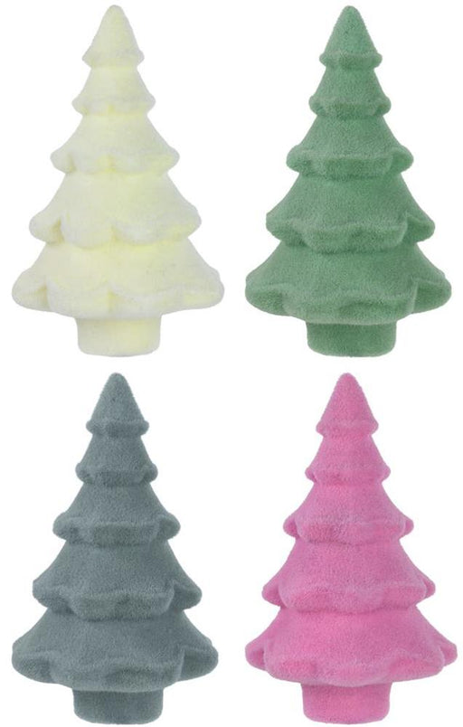 Arranged in a 2x2 grid on a white background, this festive display features the 14"Hx9"Dia Flocked Full Tree in a set of four vintage colors: white, sage green, grey, and pink. Each plush tree showcases a simple, layered design reminiscent of stylized pine trees. The flocked full tree effect lends an elegant charm to the overall presentation.