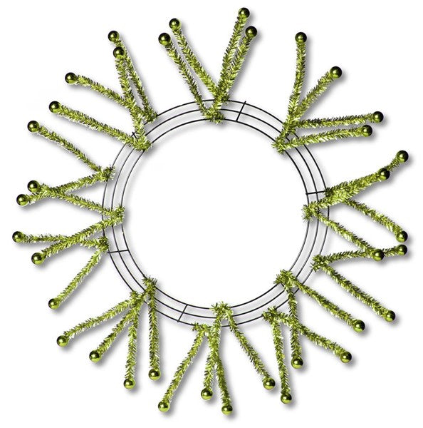 The 24 Metallic Lime Green Pencil Wreath with Lime Balls (XX751537) features radiant lime tinsel stems topped with shiny green balls, creating a striking sunray effect—ideal for eye-catching wreath displays.