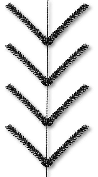 Five V-shaped chevrons made of metallic black pipe cleaners are evenly spaced along a vertical string, forming the Pencil Work Garland Metallic Black XX752502 and lending a modern touch against a white background.