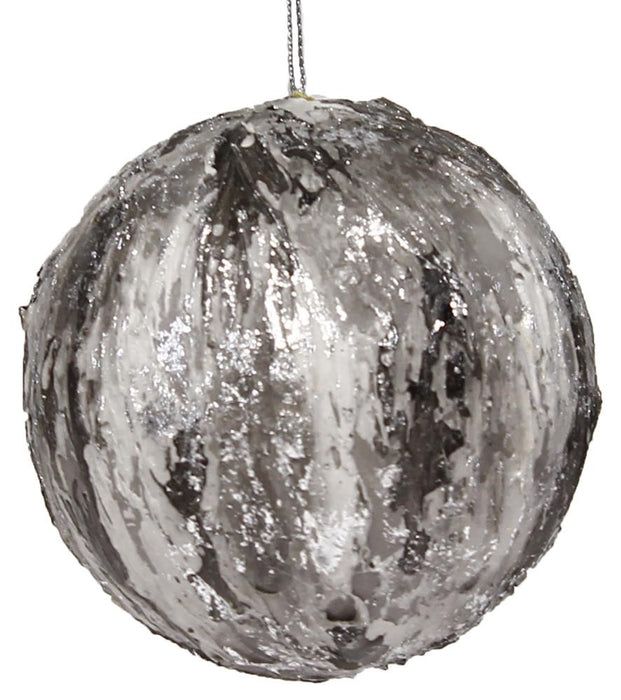 The 3.5" Hanging Ball W/Silver Leaf Silver XY790726 features a round, silver and white design with a textured, shiny surface and hangs elegantly by a thin silver string—perfect for adding sophisticated decor to your Christmas tree.