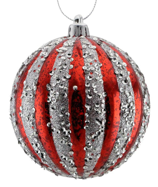 The 100mm Antique Look Glitter/Sequin Ornament in shiny red and silver (XY880270) adds festive sparkle to your tree with its vertical glitter and sequin stripes, hanging elegantly by a silver string.
